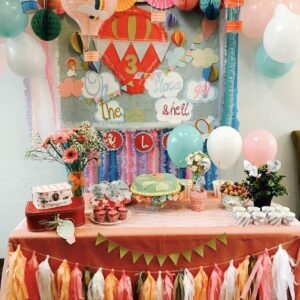 hot air balloon themed party including cake, cupcakes etc